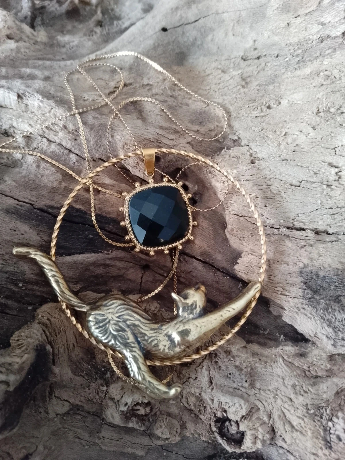 Collier chat et pierre d'obsidienne noire naturelles – photo 3